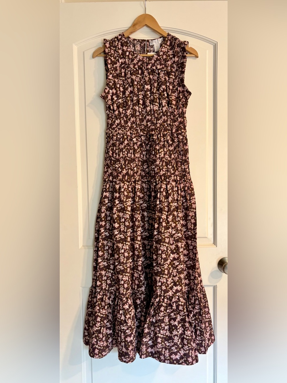 Caroline Constas Mystical Floral Smocked Cotton Maxi Dress Brown Pink New Size S